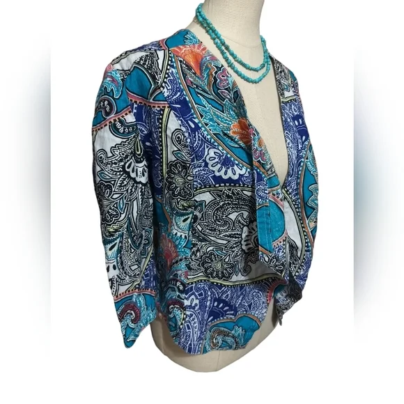 2594) Chico's Paisley Linen 3/4 Sleeve Open Front Blazer Size 0P/Small - Picture 2 of 9